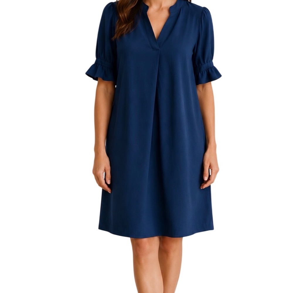 Womens Navy Blue‎ Split Neck Shift Dress Short Puff Ruffle Sleeve Size Large
